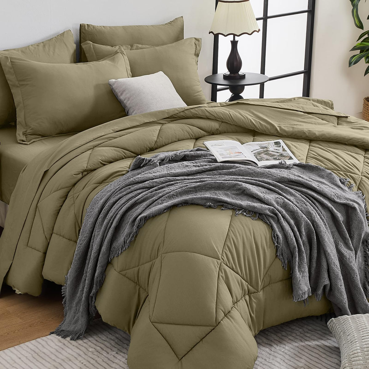 HEVUMYI 7-Piece Queen Comforter Set, Dark Grey Bed in a Bag