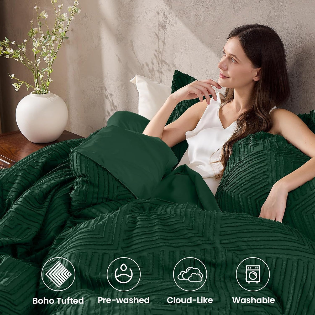 JOLLYVOGUE Twin/Twin XL Comforter Set, Boho Tufted 2PCS Bed Set, Green