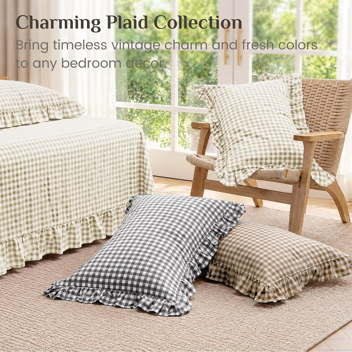 JOLLYVOGUE Beige Gingham Sheet Set Full, 4-Piece Ruffle Bedding