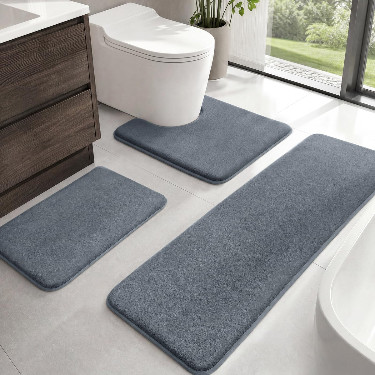 HUXMEYSON Bathroom Rugs Sets 3 Piece, Non-Slip & Quick Dry Bath Mat Set, Ultra Soft Velvet Bath Rugs for Bathroom, Toilet and Shower Floor, Grey