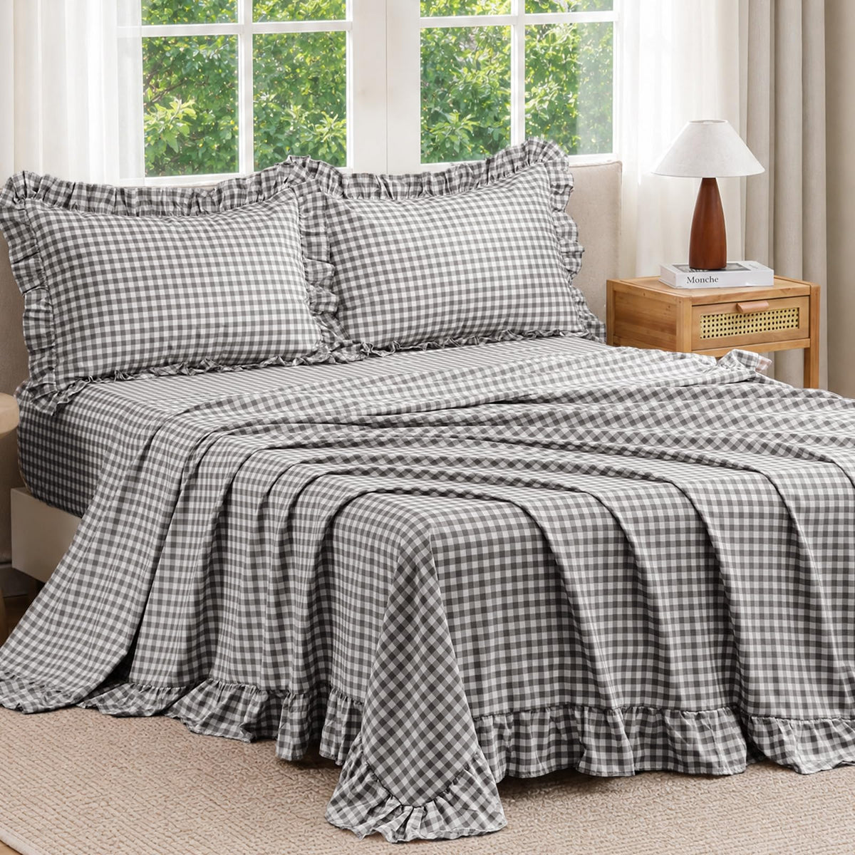 JOLLYVOGUE Beige Gingham Sheet Set Full, 4-Piece Ruffle Bedding