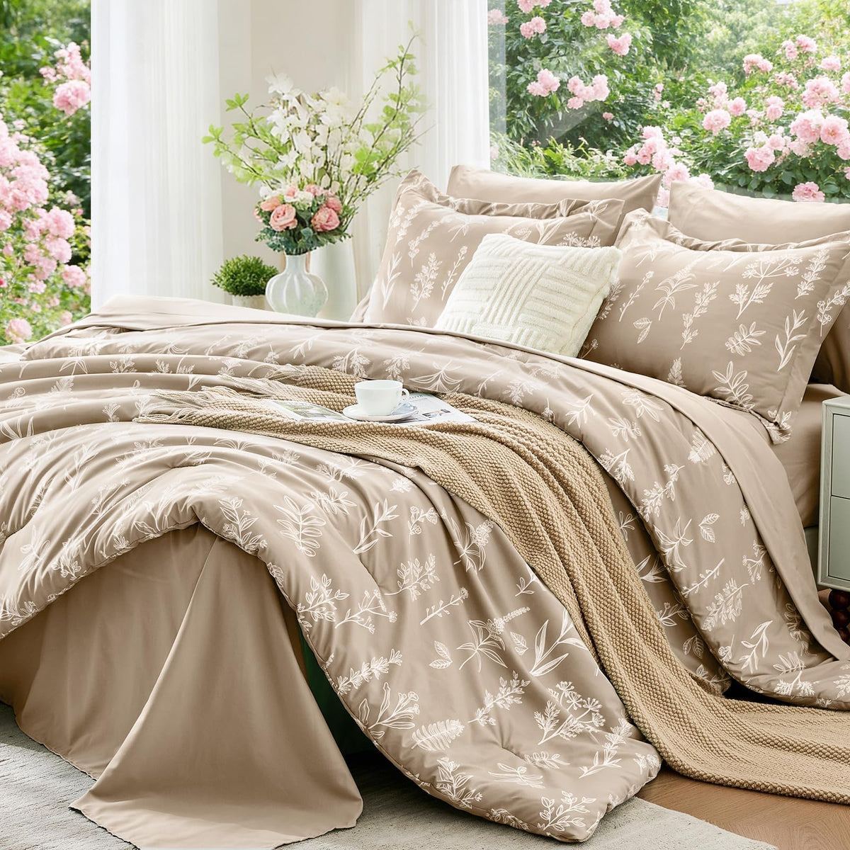 MUXHOMO Twin XL Comforter Set, 7-Piece Floral Bed in a Bag, Sage Green