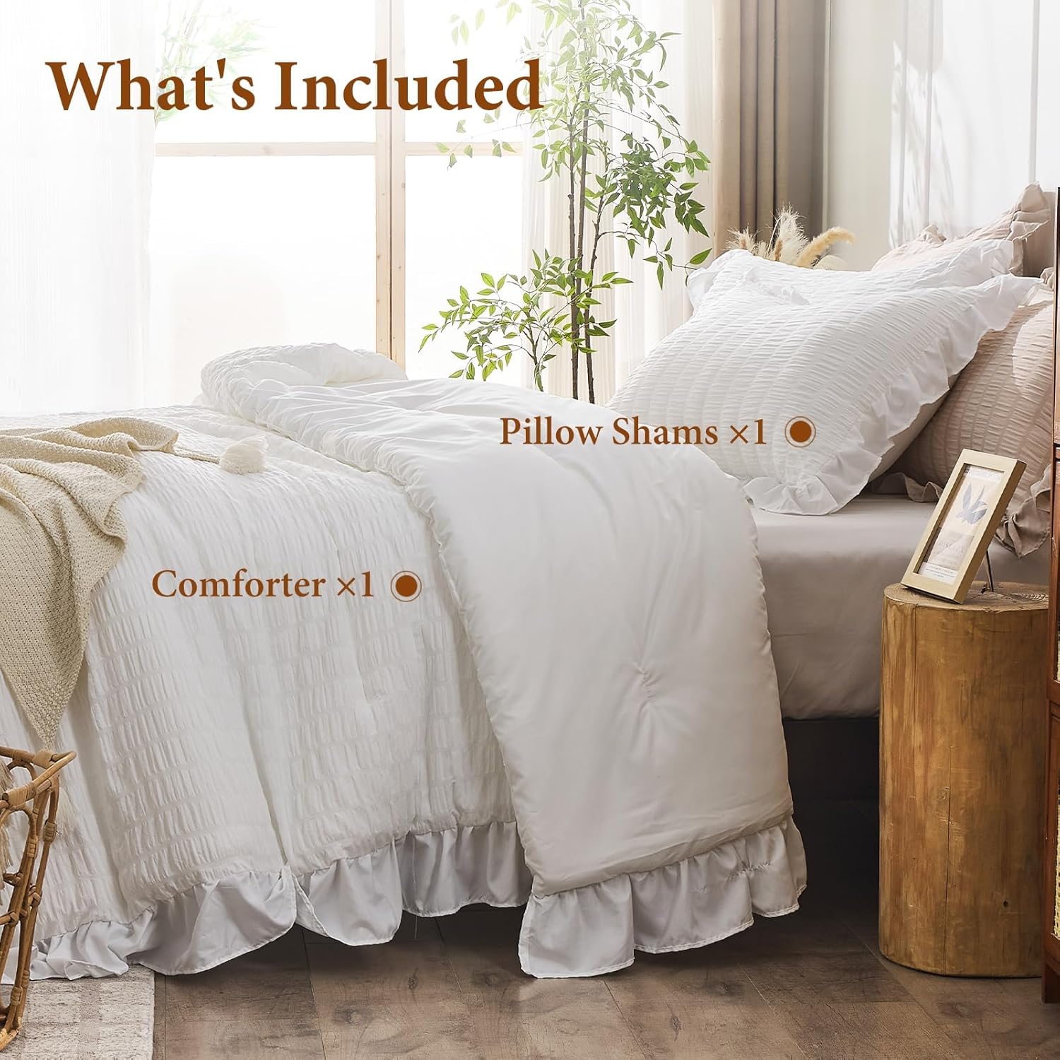 JOLLYVOGUE White Twin Size Comforter Set, 2 Pieces Seersucker Lightweight Fluffy Bedding Set, Twin Ruffle Comforter, All Season Soft Microfiber Shabby Chic Bed Set