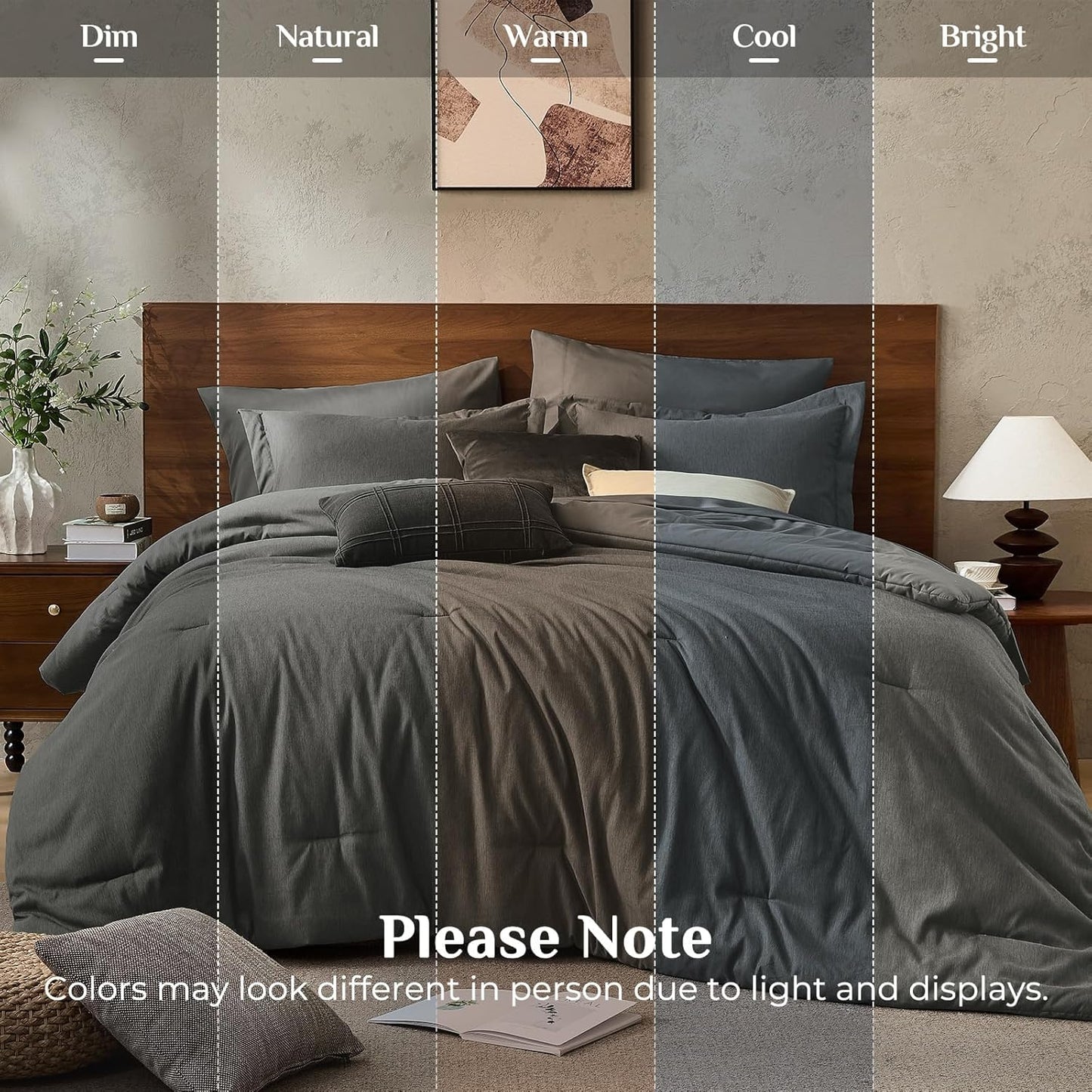 JOLLYVOGUE Queen Comforter Set, Cationic Dyeing Bed in a Bag 7 Pieces, Double-Tone Bedding Set with Down Alternative Comforter, Sheets, Pillowcases & Shams, Dark Grey
