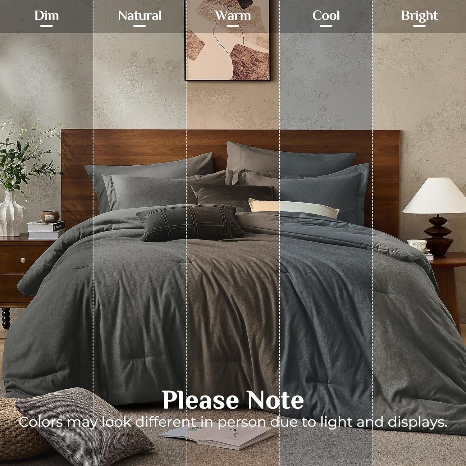 JOLLYVOGUE Queen Comforter Set, Cationic Dyeing Bed in a Bag 7 Pieces, Double-Tone Bedding Set with Down Alternative Comforter, Sheets, Pillowcases & Shams, Dark Grey