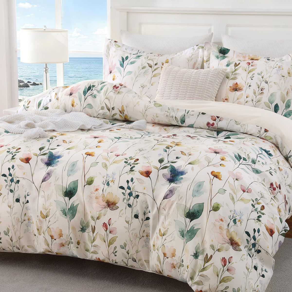 JOLLYVOGUE Floral Duvet Cover Full, 3Pcs Reversible Beige Duvet Cover Set
