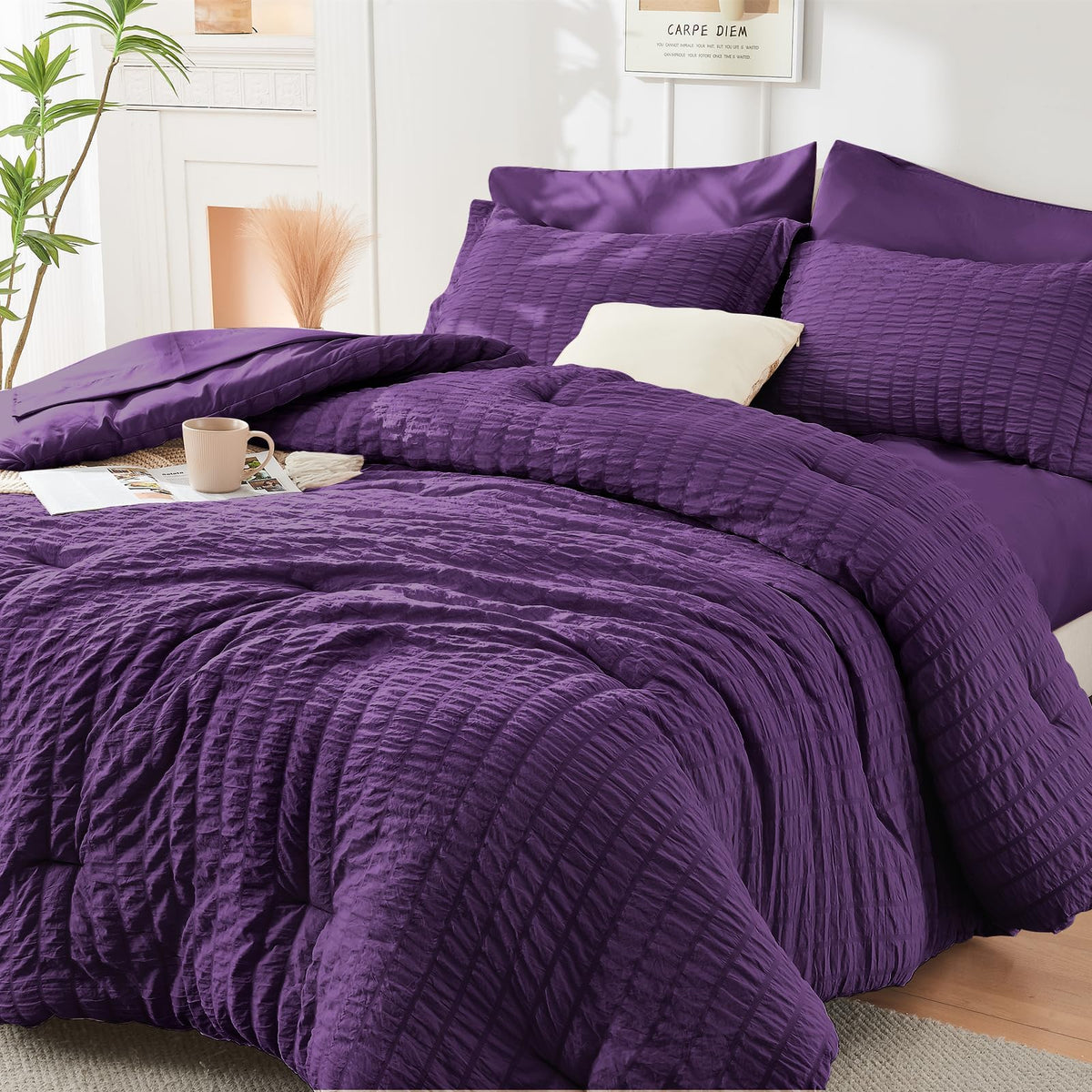 HYMOKEGE Full Size Comforter Sets Seersucker 7 Pieces, All Season Luxury Bed in a Bag for Bedroom, Bedding Set with Comforters, Sheets, Pillowcases & Shams, Dark Grey