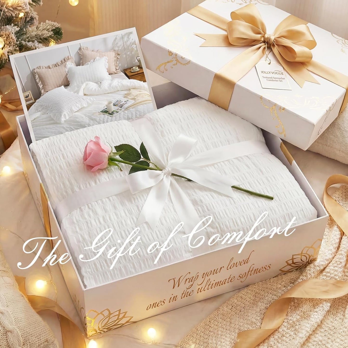 JOLLYVOGUE White Twin Size Comforter Set, 2 Pieces Seersucker Lightweight Fluffy Bedding Set, Twin Ruffle Comforter, All Season Soft Microfiber Shabby Chic Bed Set