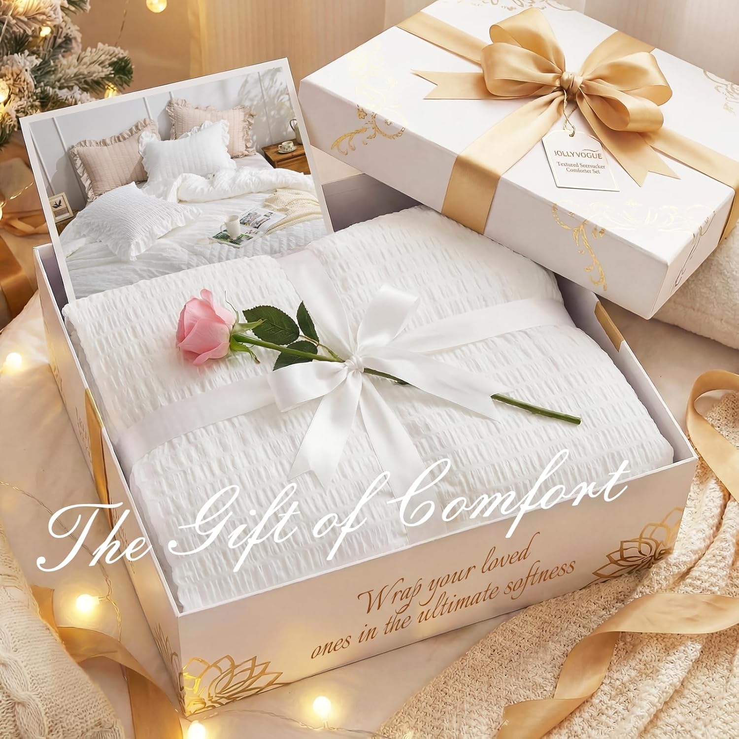 JOLLYVOGUE White Twin Size Comforter Set, 2 Pieces Seersucker Lightweight Fluffy Bedding Set, Twin Ruffle Comforter, All Season Soft Microfiber Shabby Chic Bed Set