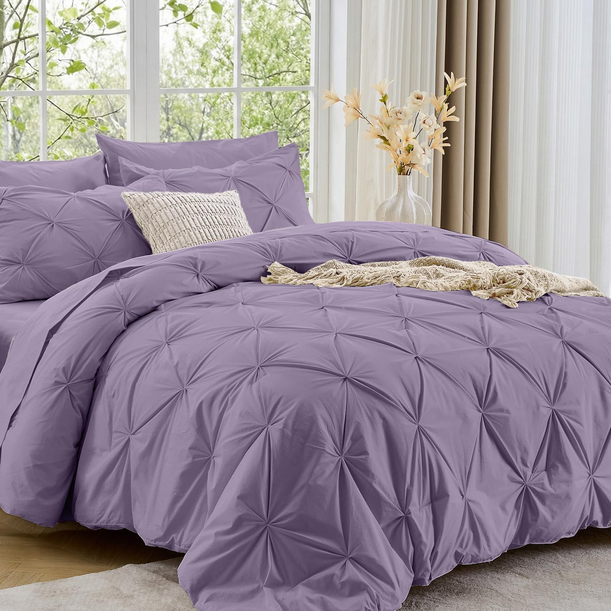 Sasttie Twin Comforter Set, 5-Piece Bed in a Bag, Pintuck Bedding Sets for All Season, Includes Comforter, Flat Sheet, Fitted Sheet, Pillowcase and Pillowsham, Baby Pink