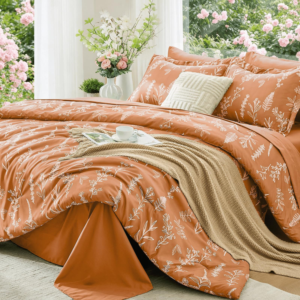 MUXHOMO Sage Green TwinXL Comforter Set, Elegant Floral Print Bed in a Bag 5 Pieces, Ultra Soft & Breathable Reversible Botanical Pattern Bedding Set with Comforter, Sheets, Pillowcase, and Sham