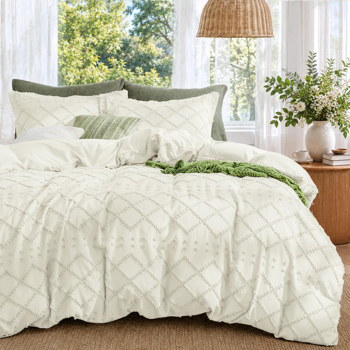 Boho Duvet Cover Set Queen Size, Tufted Embroidery Bedding, 3 PCS, Beige