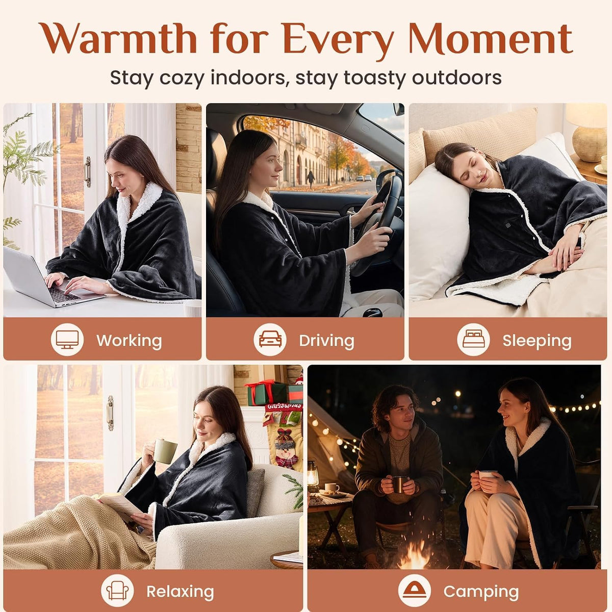JOLLYVOGUE USB Heated Wearable Blanket with Snaps, 35 x 63 Inch, Black