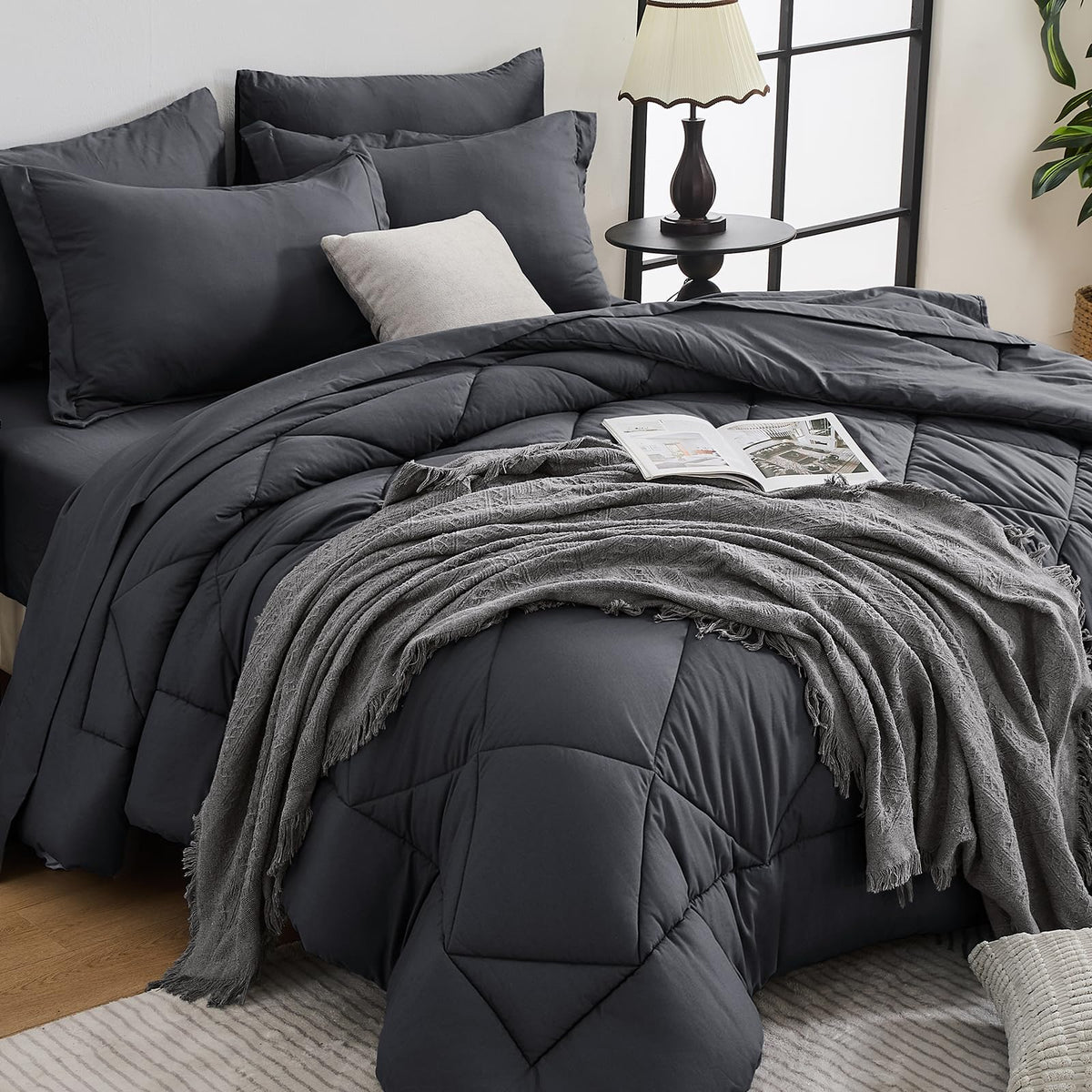HEVUMYI 7-Piece Queen Comforter Set, Dark Grey Bed in a Bag