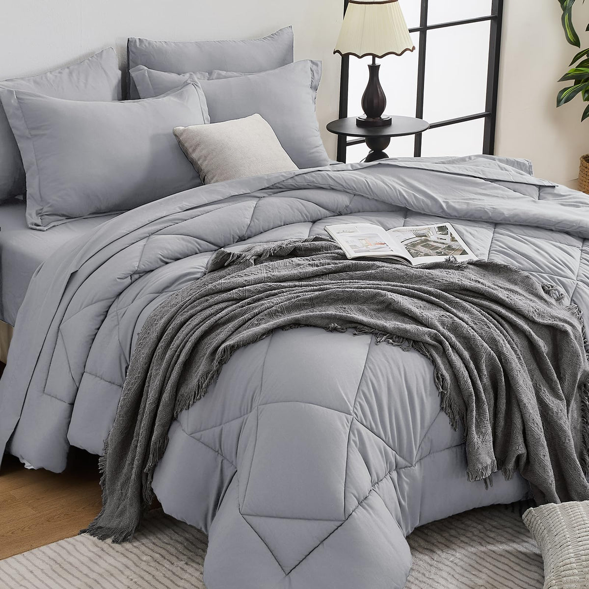 HEVUMYI 7-Piece Queen Comforter Set, Dark Grey Bed in a Bag