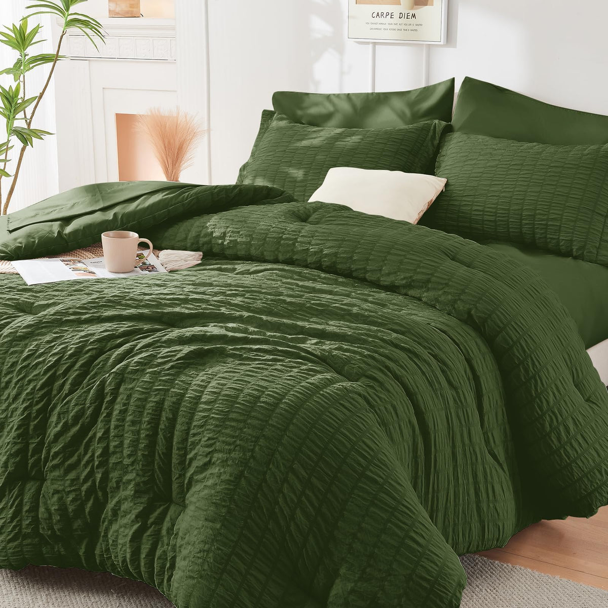HYMOKEGE Full Size Comforter Sets Seersucker 7 Pieces, All Season Luxury Bed in a Bag for Bedroom, Bedding Set with Comforters, Sheets, Pillowcases & Shams, Dark Grey