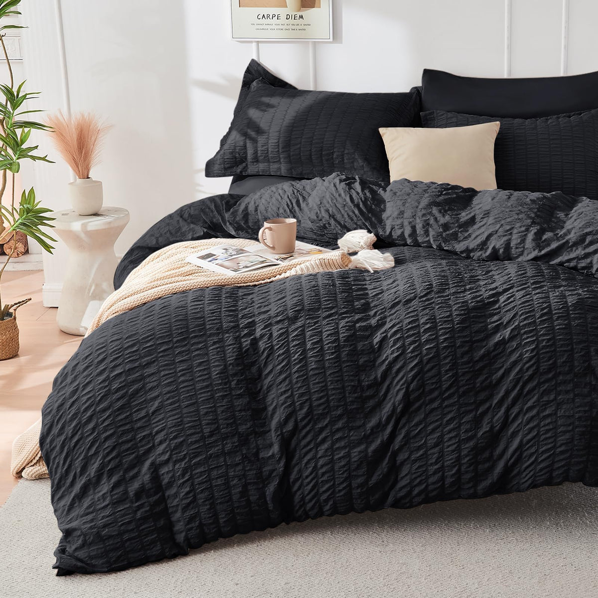 Duvet Cover Queen Size, Seersucker Bedding Set, 3 Pieces, Dark Grey