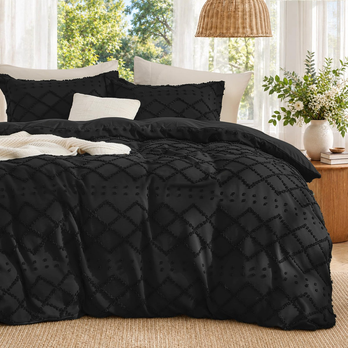 Boho Duvet Cover Set Queen Size, Tufted Embroidery Bedding, 3 PCS, Beige