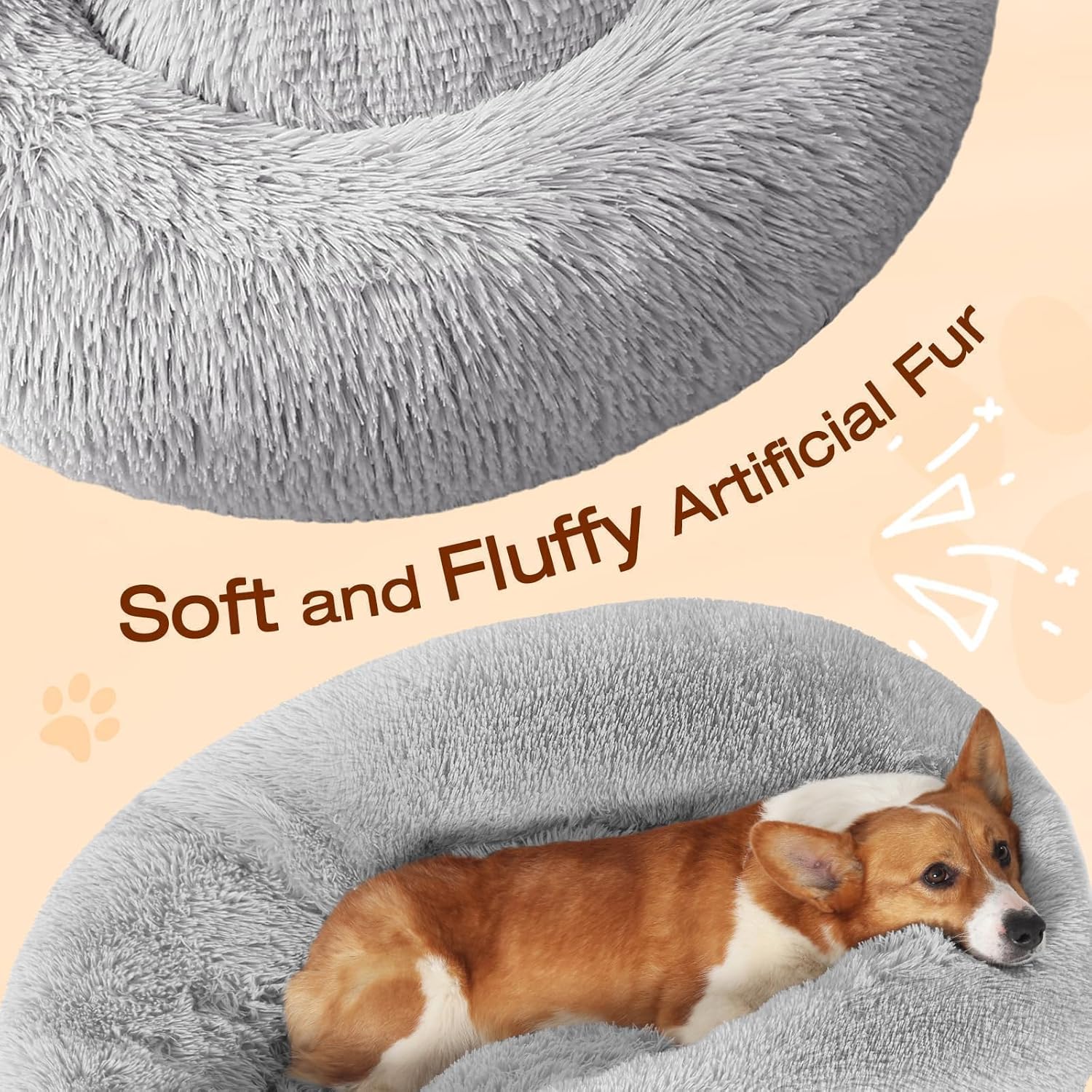 JOLLYVOGUE Small Dog Bed, Calming Soft Anti-Anxiety Donut Cat Bed, Washable Round Fluffy Cushion for Small and Medium Pets (20")