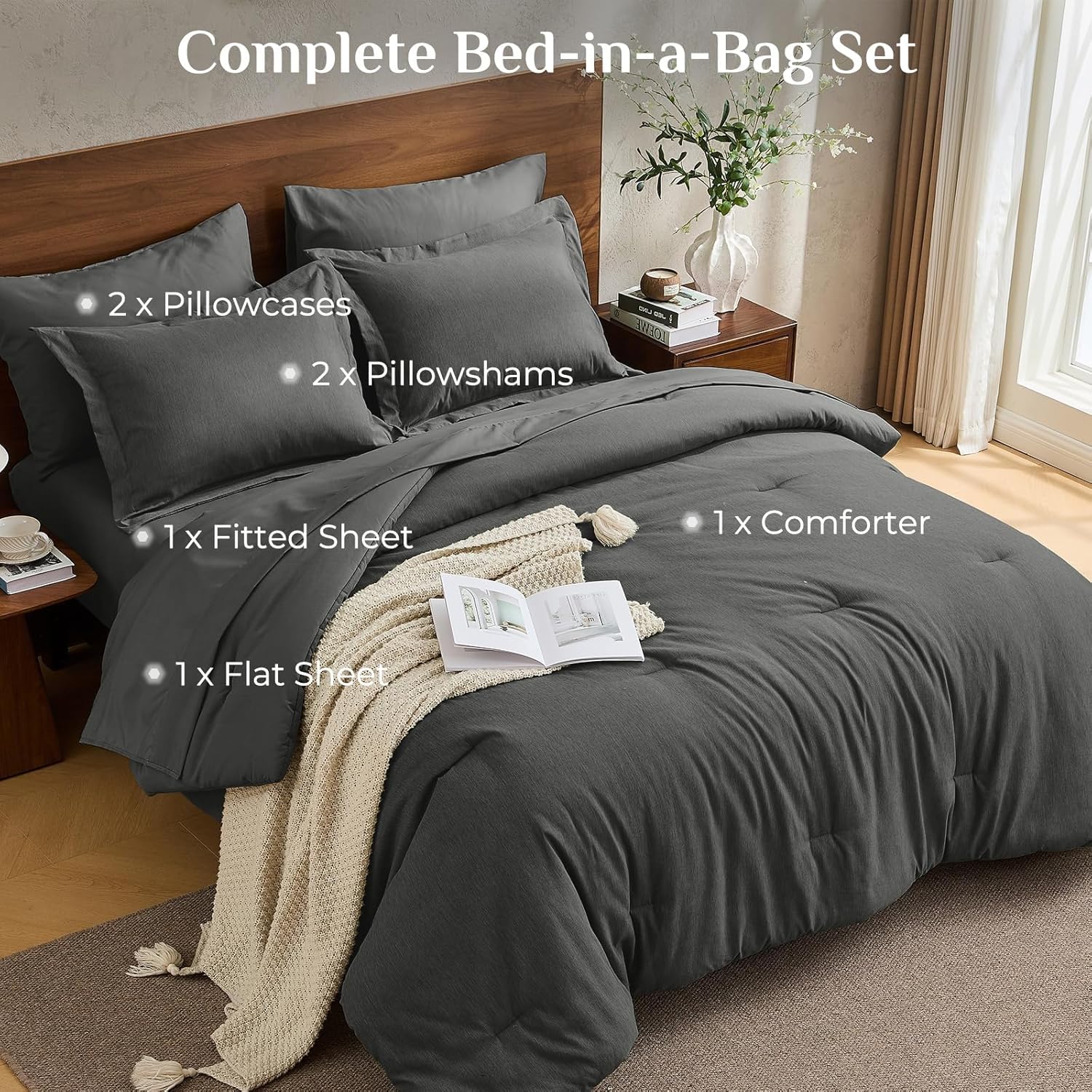 JOLLYVOGUE Queen Comforter Set, Cationic Dyeing Bed in a Bag 7 Pieces, Double-Tone Bedding Set with Down Alternative Comforter, Sheets, Pillowcases & Shams, Dark Grey