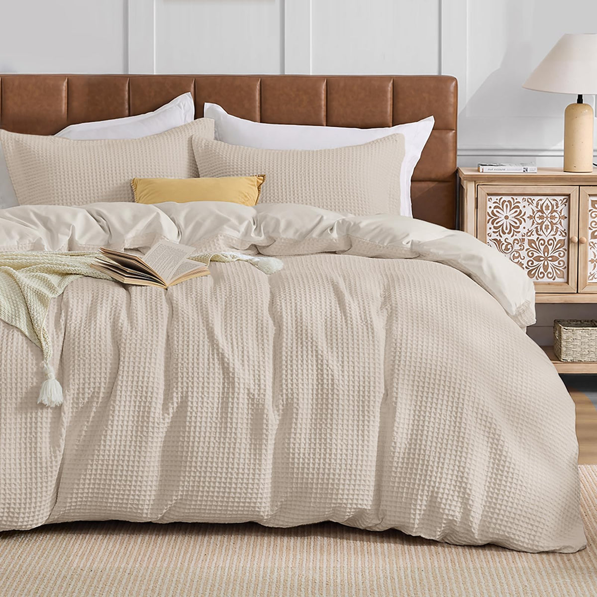 JOLLYVOGUE Waffle Wave Duvet Cover Set Queen Size, 3-Piece, Beige