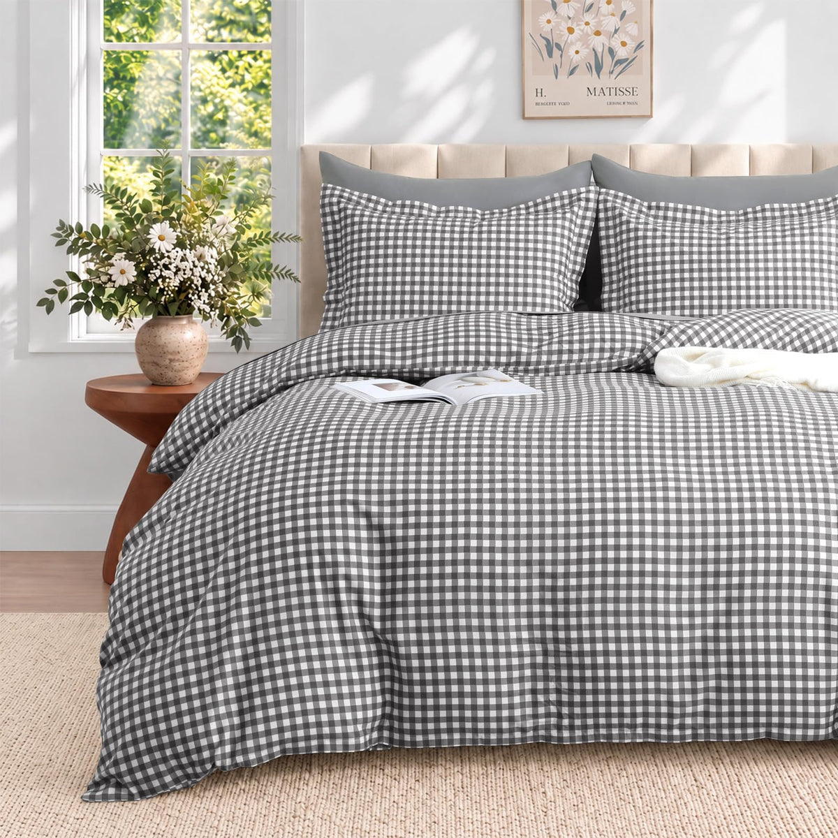 JOLLYVOGUE Brown Queen Comforter Set, 7 Pieces Gingham Bed in a Bag
