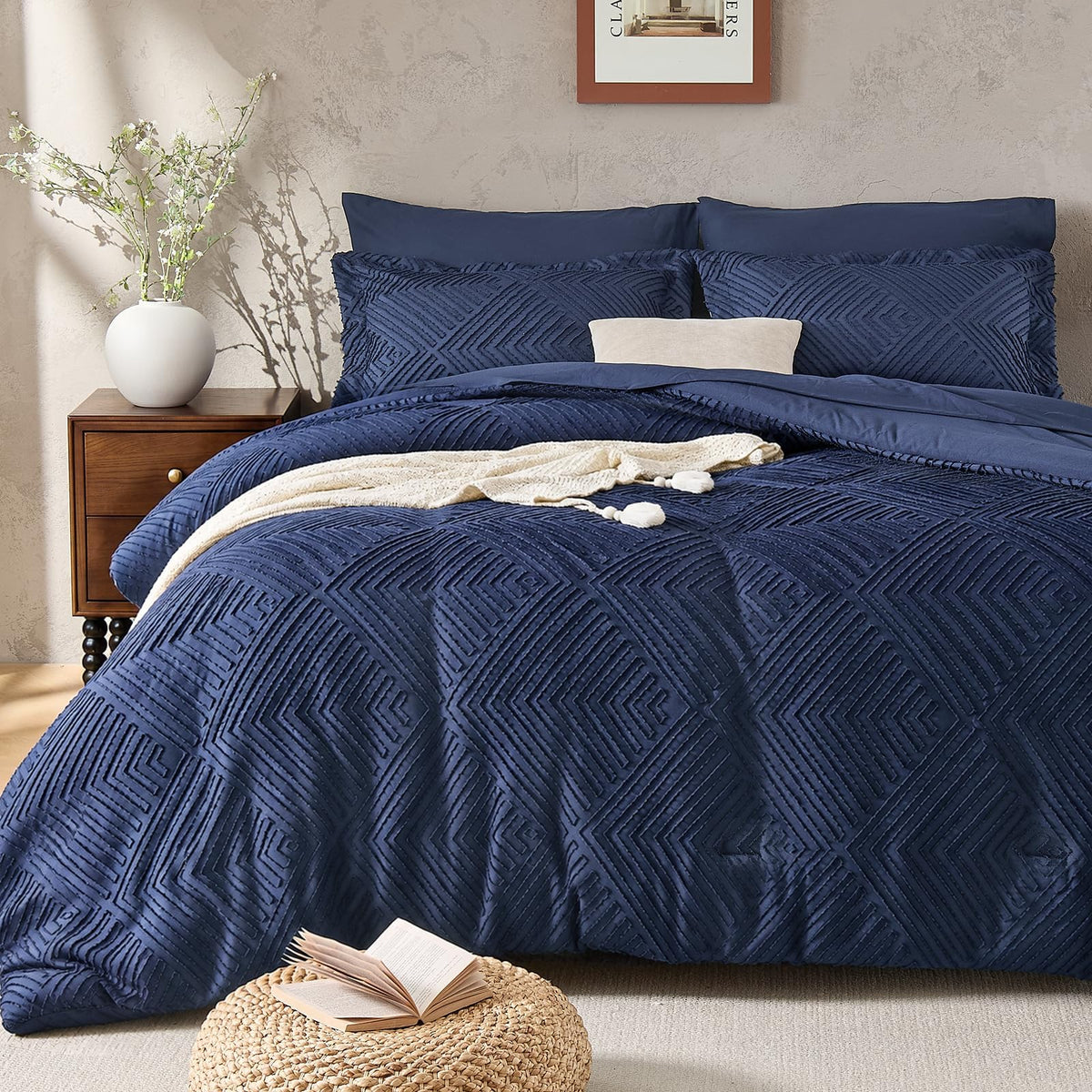 JOLLYVOGUE Queen Comforter Set 7-Piece, Boho Tufted Bed in a Bag, Beige
