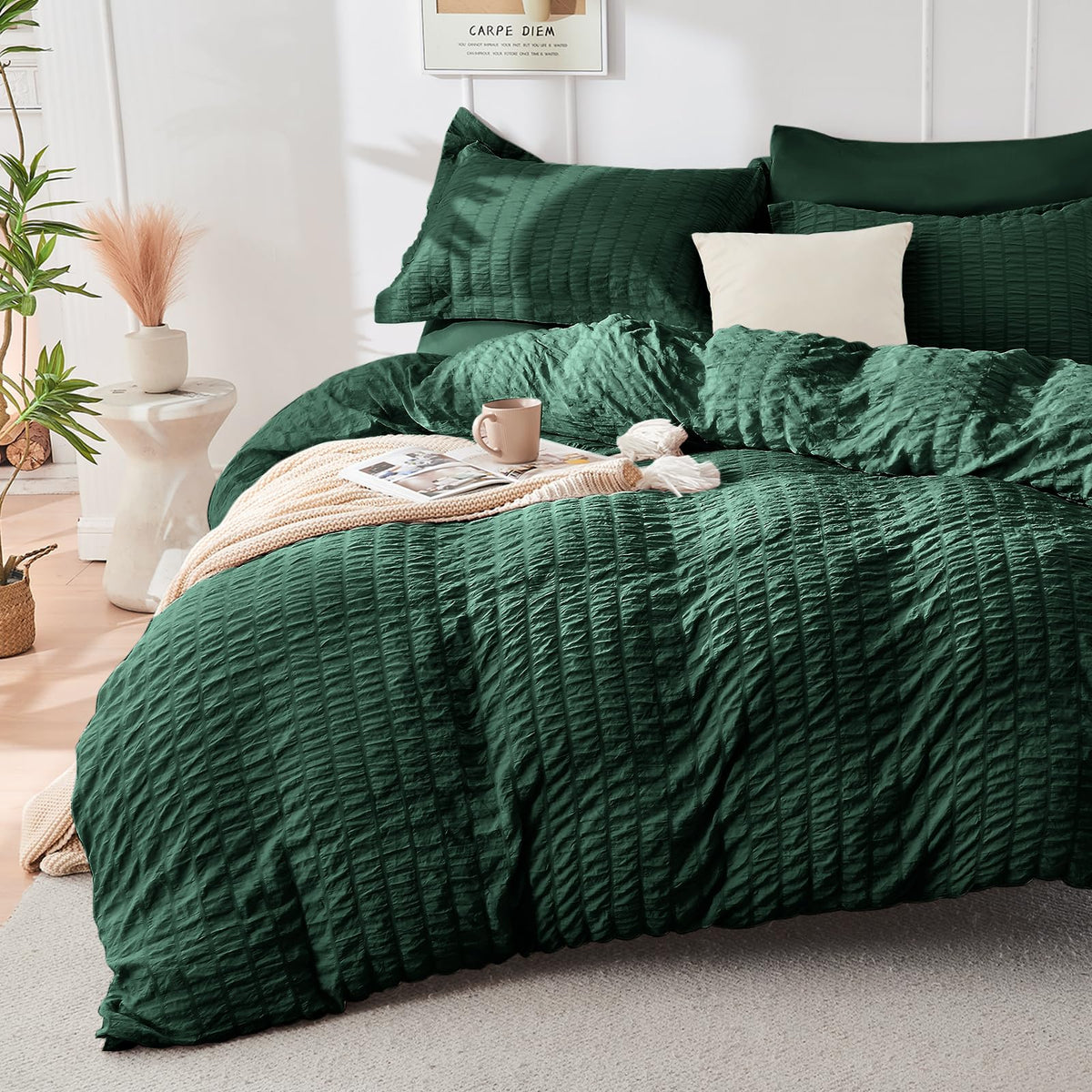 Duvet Cover Queen Size, Seersucker Bedding Set, 3 Pieces, Dark Grey