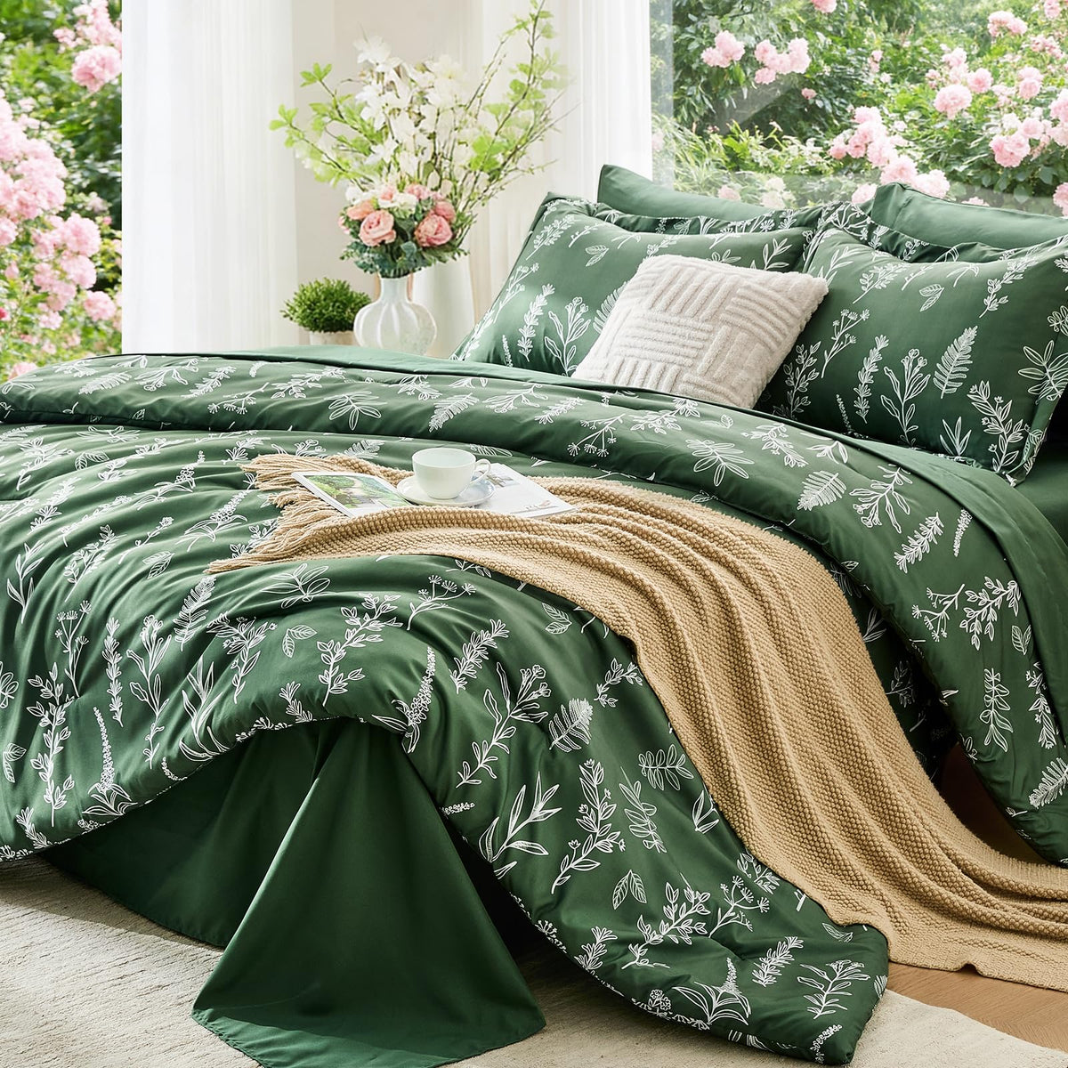 MUXHOMO Sage Green TwinXL Comforter Set, Elegant Floral Print Bed in a Bag 5 Pieces, Ultra Soft & Breathable Reversible Botanical Pattern Bedding Set with Comforter, Sheets, Pillowcase, and Sham