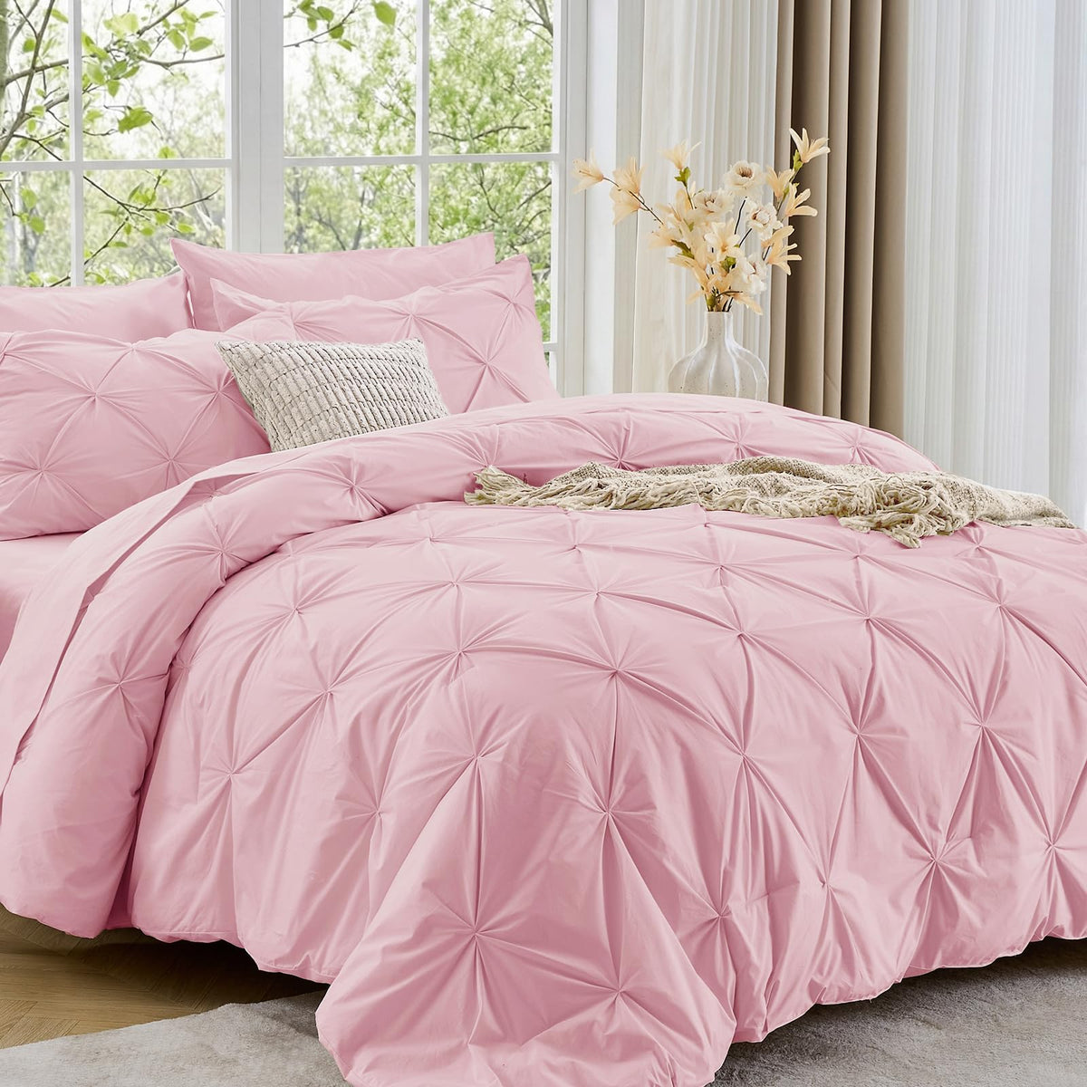 Sasttie Twin Comforter Set, 5-Piece Bed in a Bag, Pintuck Bedding Sets for All Season, Includes Comforter, Flat Sheet, Fitted Sheet, Pillowcase and Pillowsham, Baby Pink