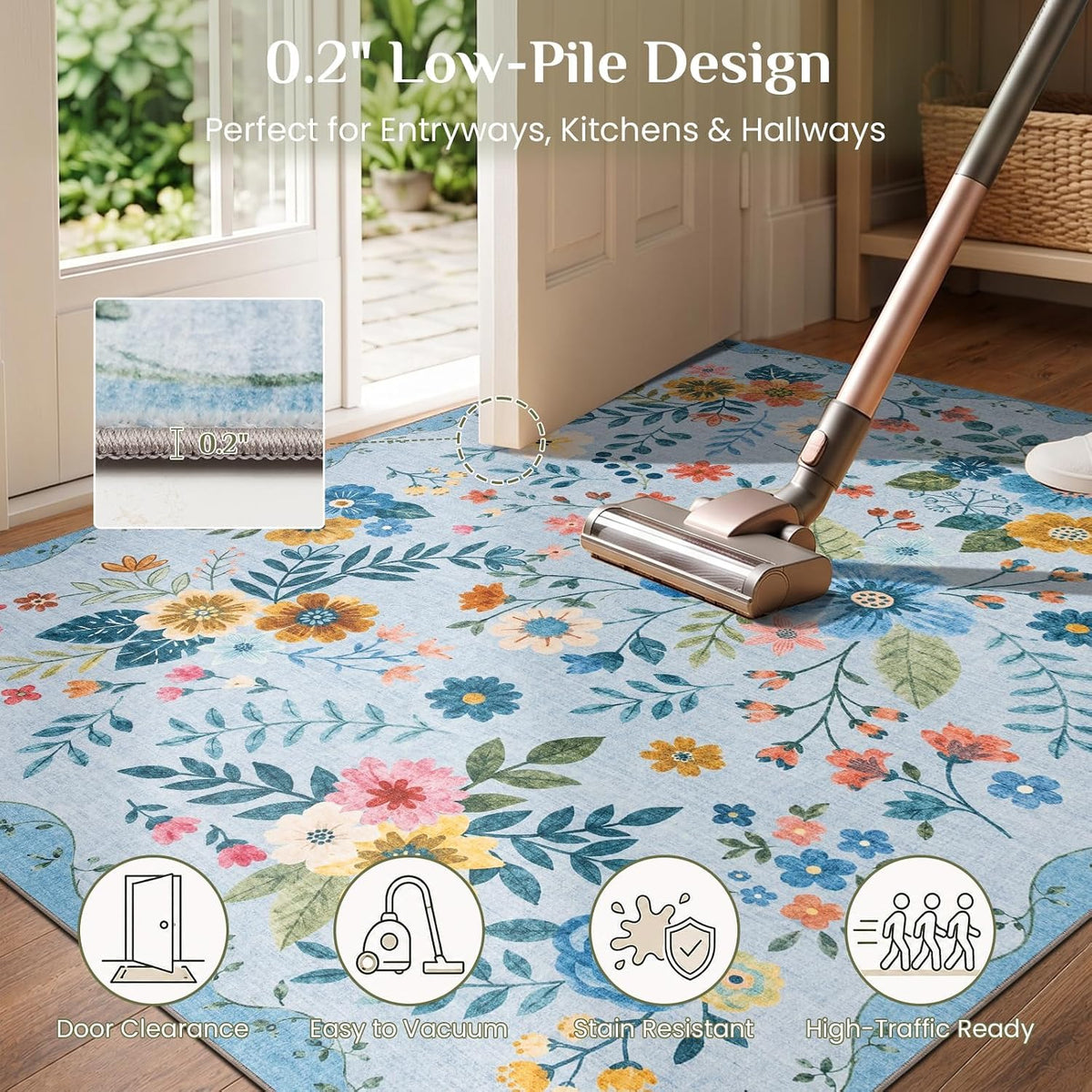 JOLLYVOGUE Floral Area Rug 5x7, Washable Rug for Living Room, Light Blue