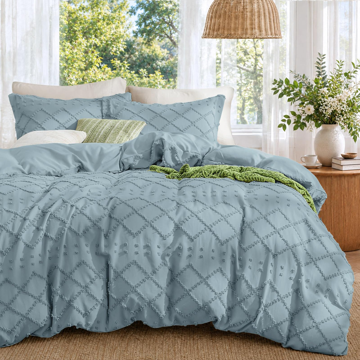 Boho Duvet Cover Set Queen Size, Tufted Embroidery Bedding, 3 PCS, Beige