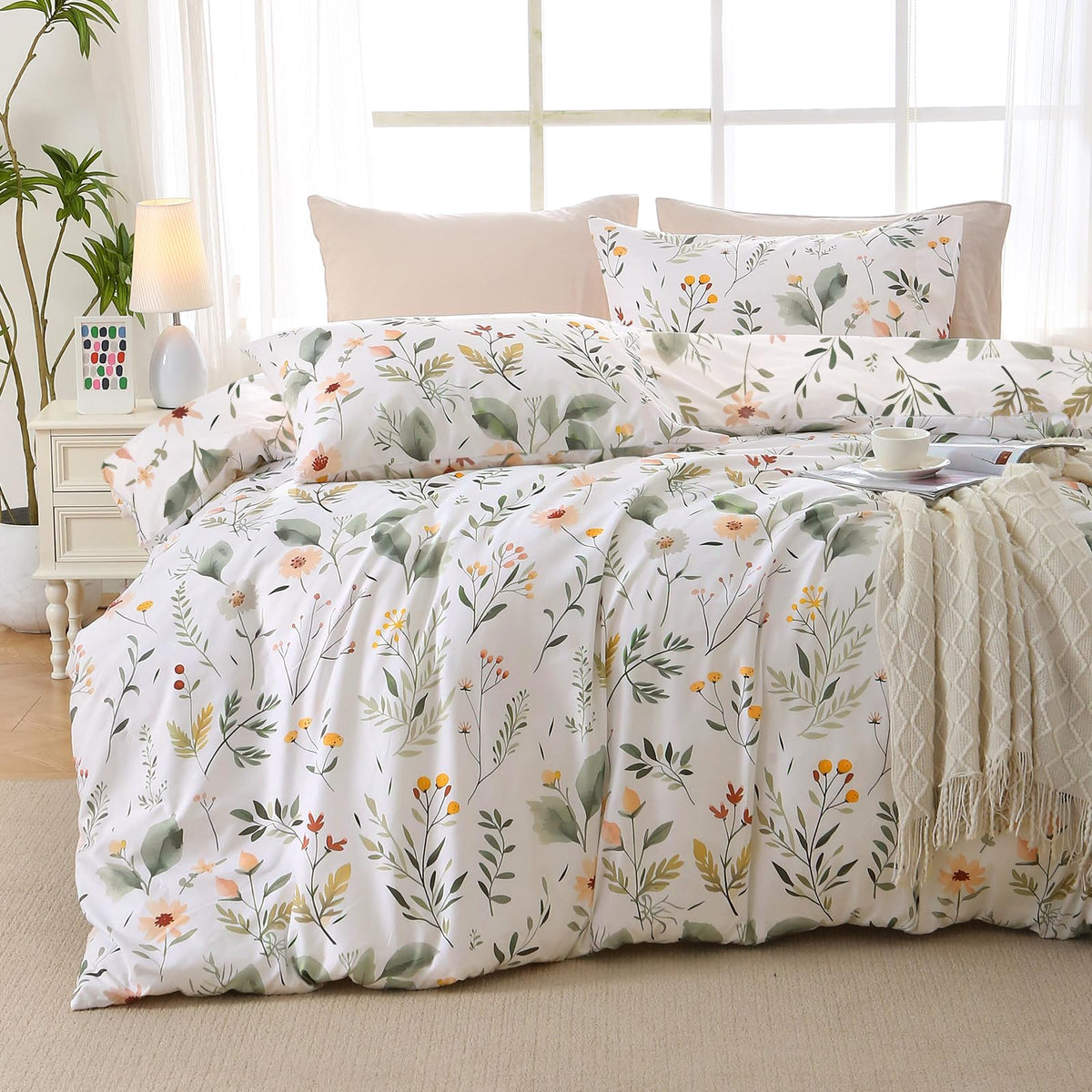 MUXHOMO Sage Green TwinXL Comforter Set, Elegant Floral Print Bed in a Bag 5 Pieces, Ultra Soft & Breathable Reversible Botanical Pattern Bedding Set with Comforter, Sheets, Pillowcase, and Sham