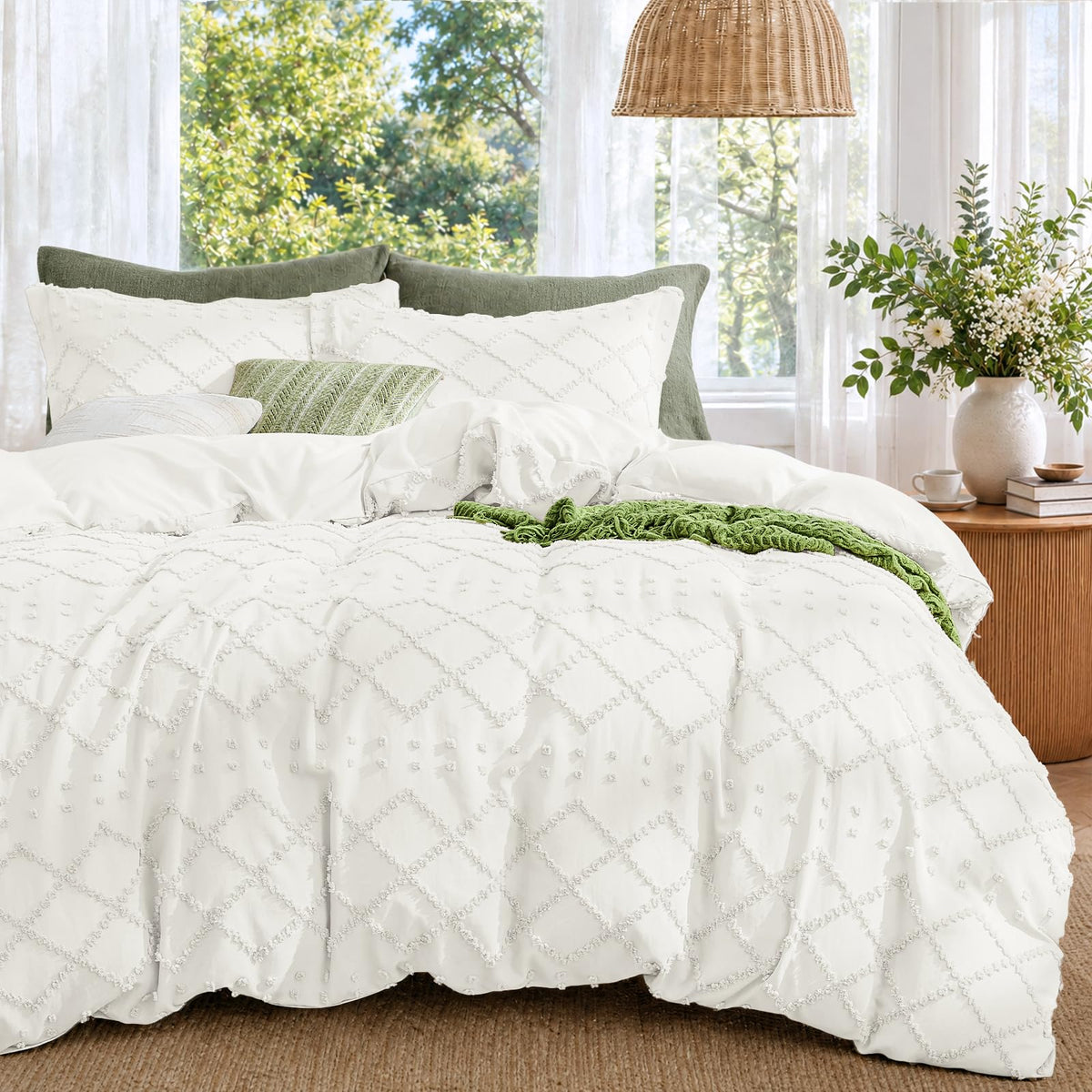 Boho Duvet Cover Set Queen Size, Tufted Embroidery Bedding, 3 PCS, Beige