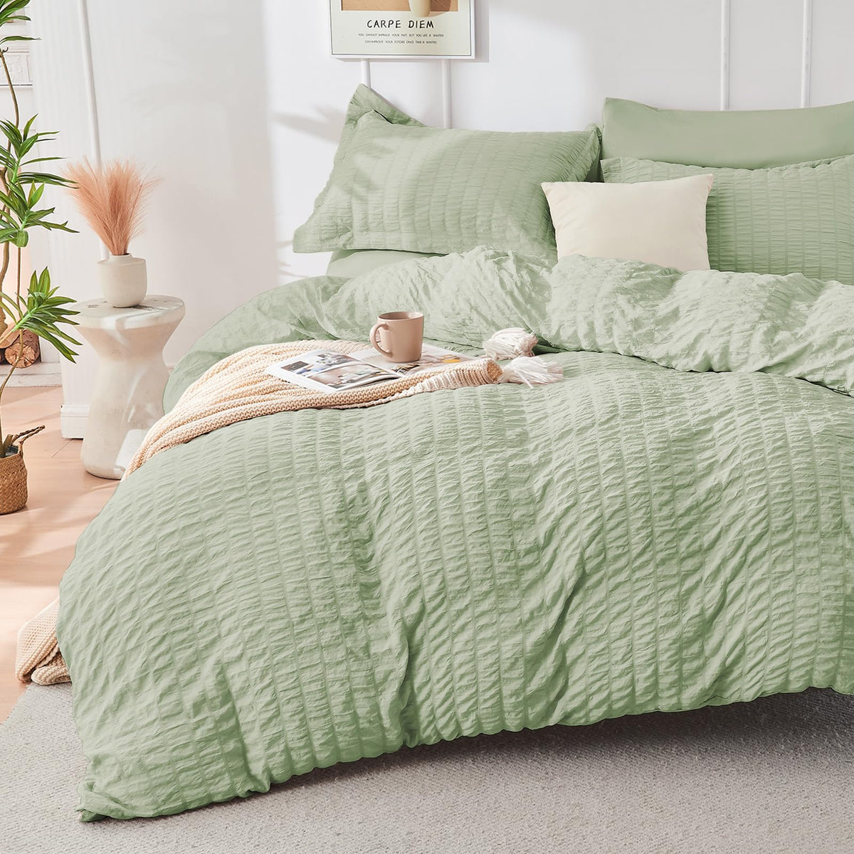 Duvet Cover Queen Size, Seersucker Bedding Set, 3 Pieces, Dark Grey