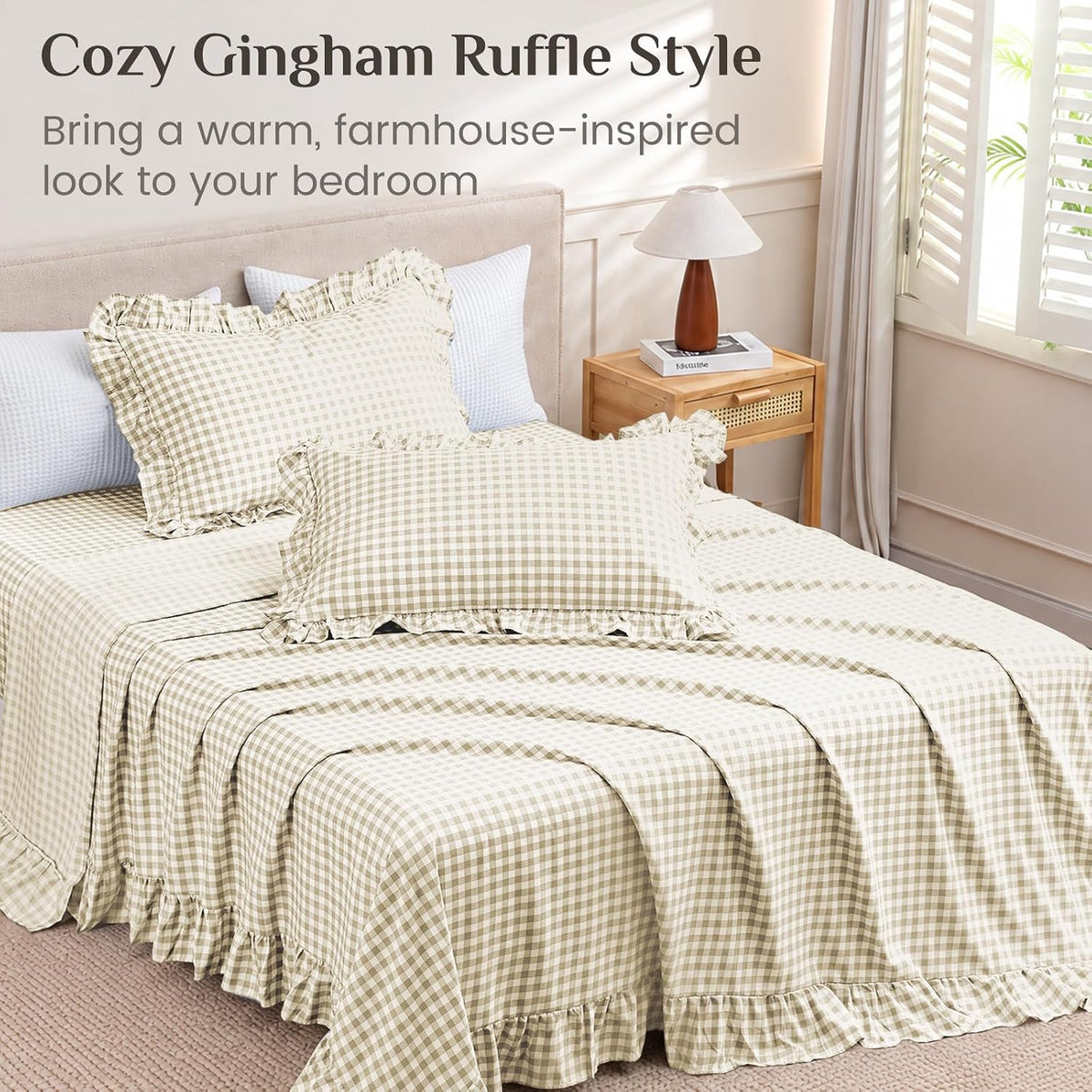 JOLLYVOGUE Beige Gingham Sheet Set Full, 4-Piece Ruffle Bedding