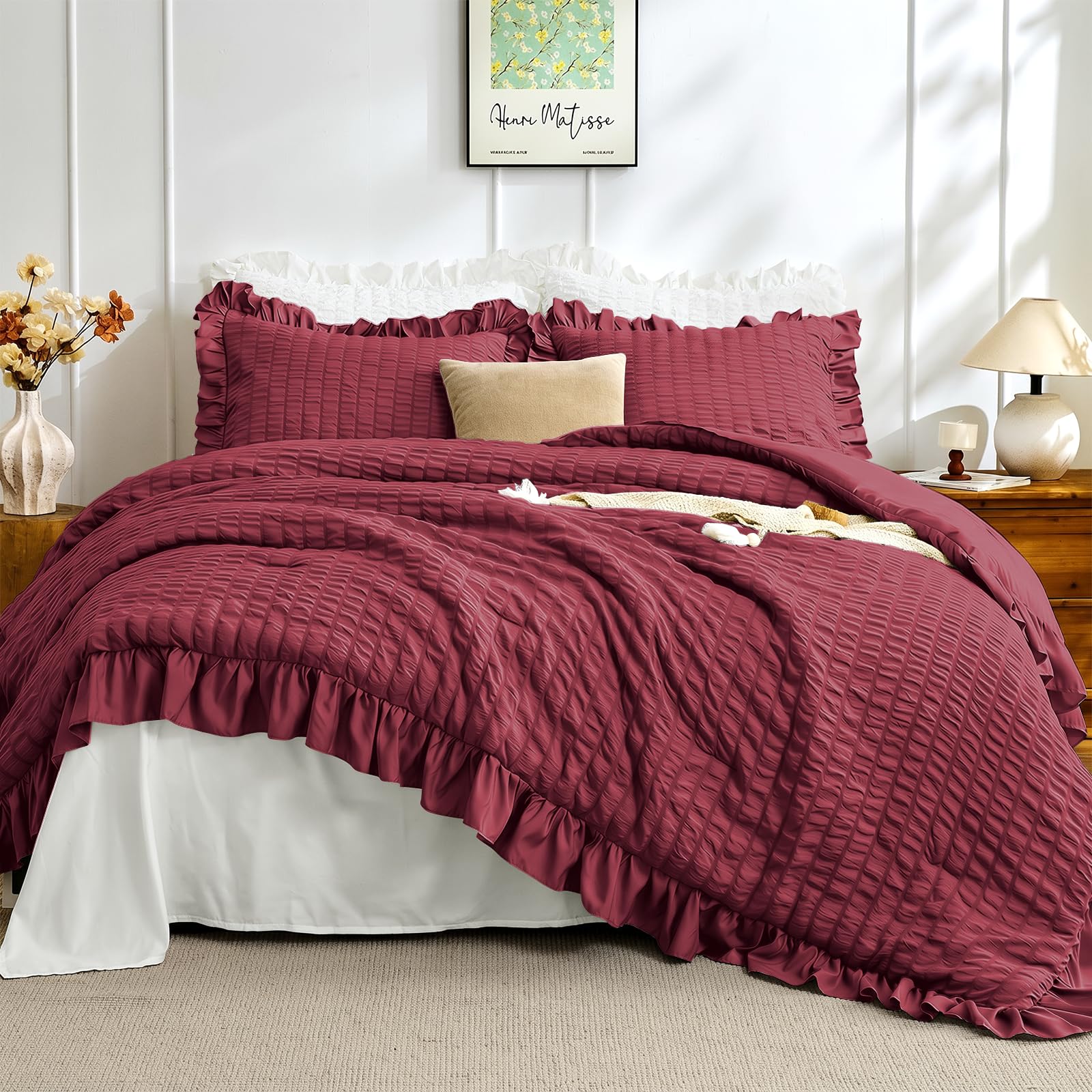 JOLLYVOGUE White Twin Size Comforter Set, 2 Pieces Seersucker Lightweight Fluffy Bedding Set, Twin Ruffle Comforter, All Season Soft Microfiber Shabby Chic Bed Set