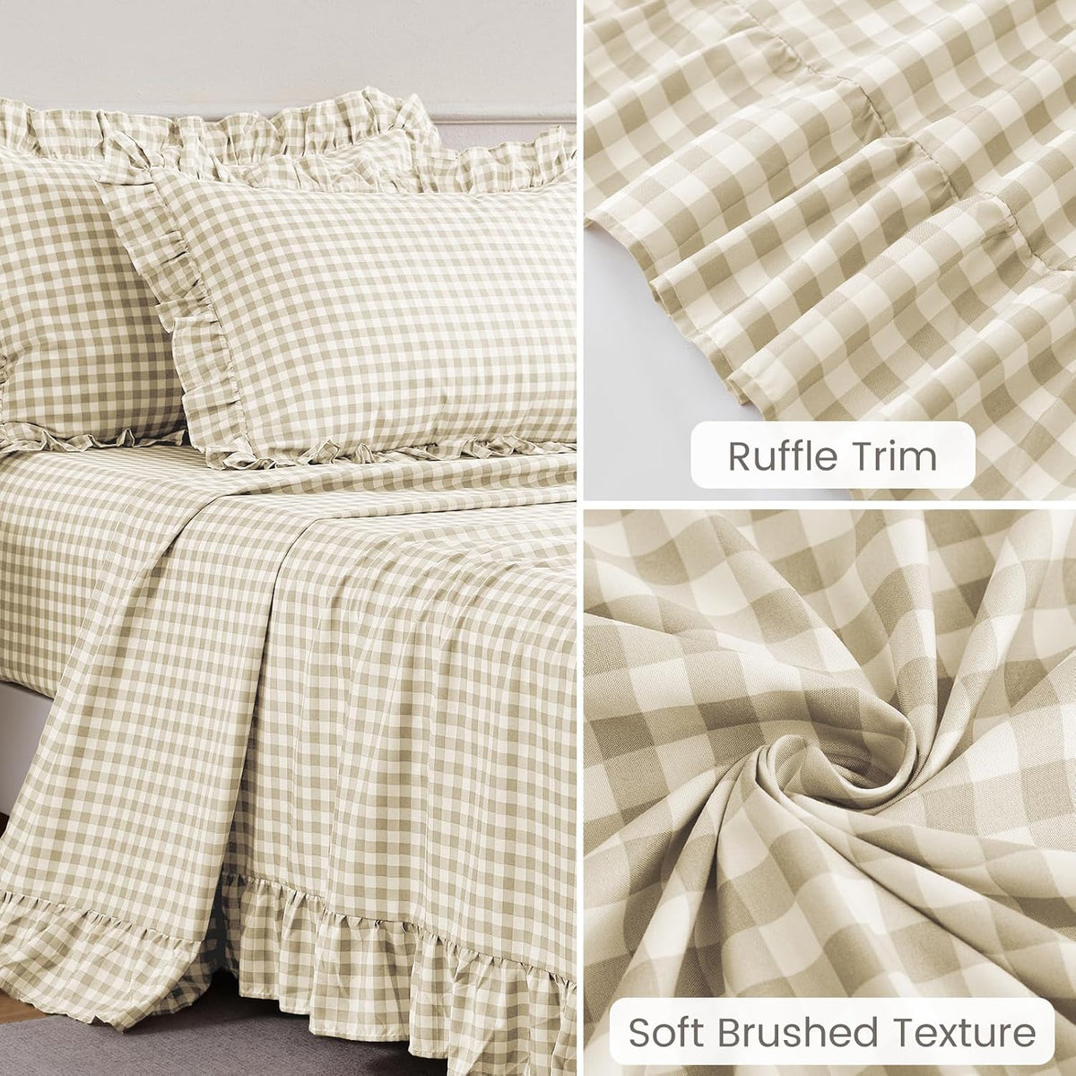 JOLLYVOGUE Beige Gingham Sheet Set Full, 4-Piece Ruffle Bedding
