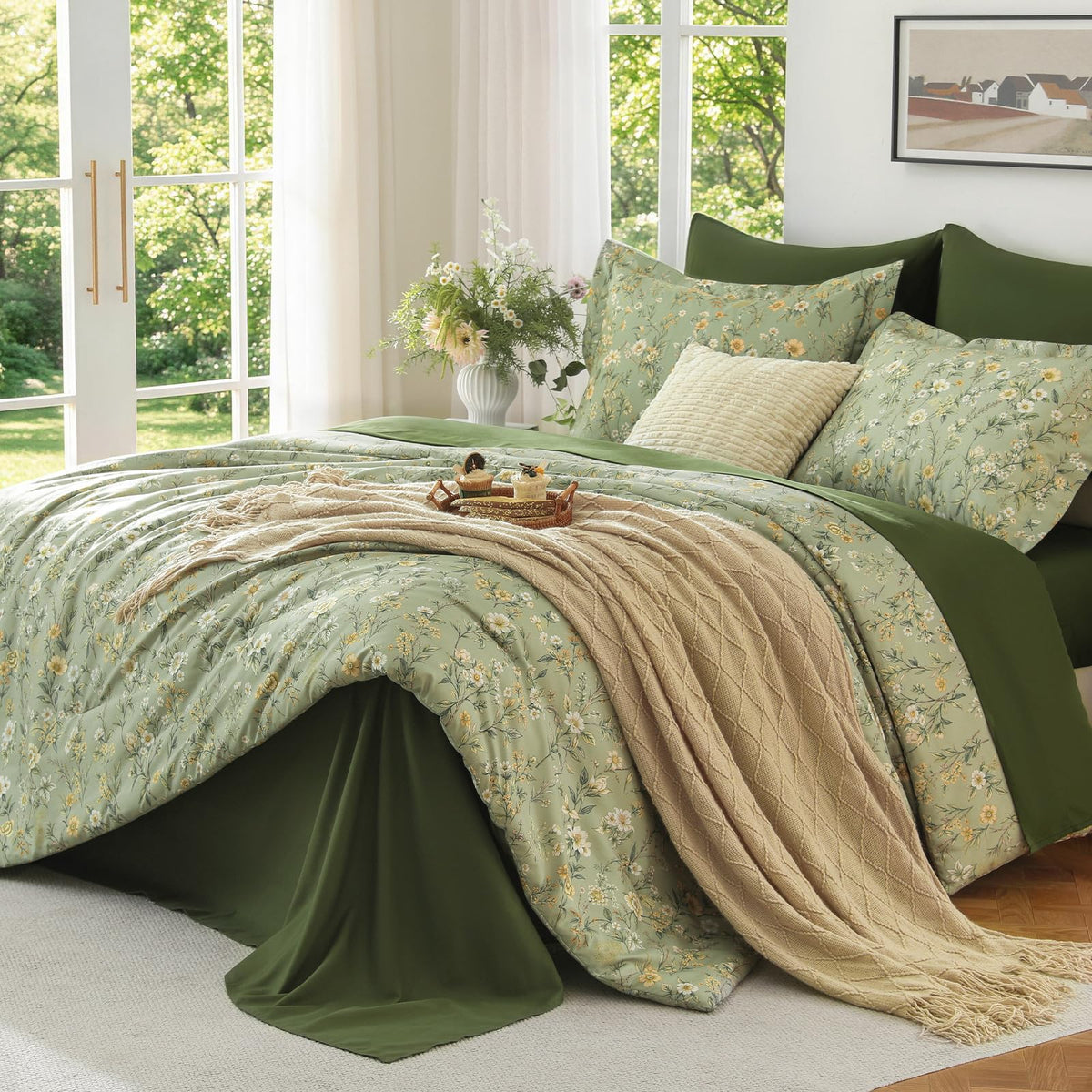 MUXHOMO Twin XL Comforter Set, 7-Piece Floral Bed in a Bag, Sage Green