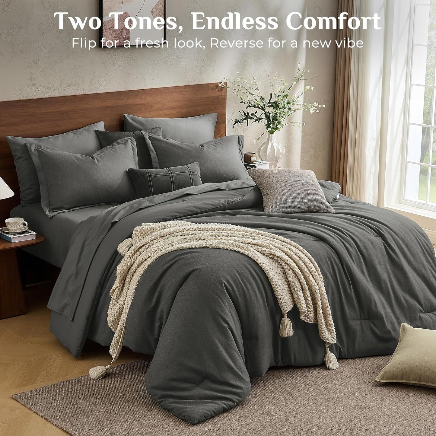 JOLLYVOGUE Queen Comforter Set, Cationic Dyeing Bed in a Bag 7 Pieces, Double-Tone Bedding Set with Down Alternative Comforter, Sheets, Pillowcases & Shams, Dark Grey