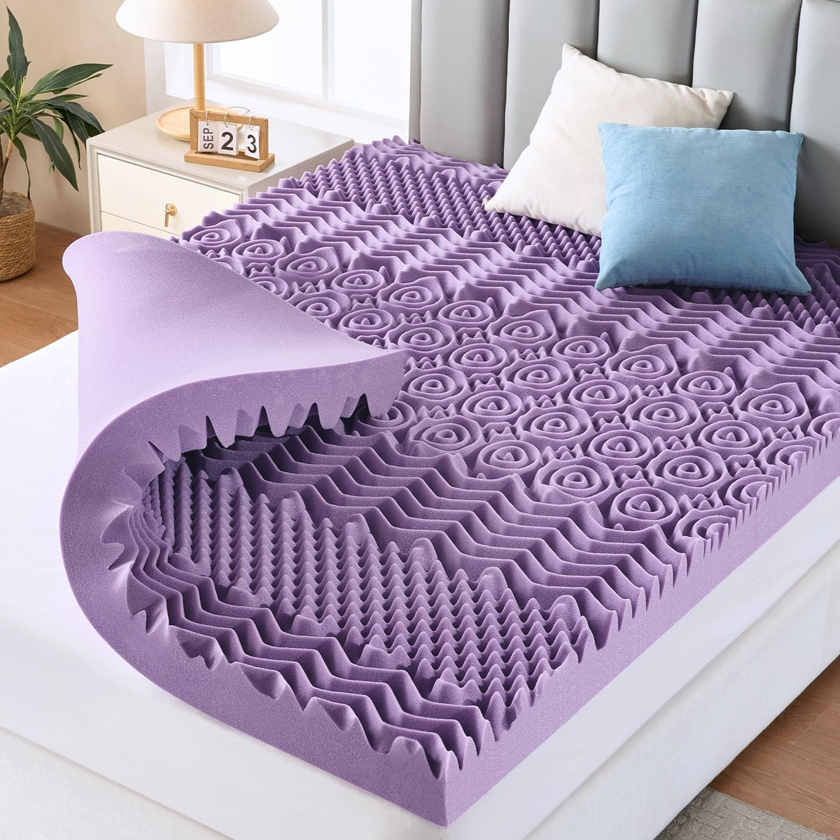 MUXHOMO 2 Inch 7-Zone Twin Mattress Topper, Egg Crate Memory Foam Mattress Topper Twin Size for Back Pain, Lavender Gel Infused Bed Pad, CertiPUR-US and Oeko-TEX Certification (38"×75")