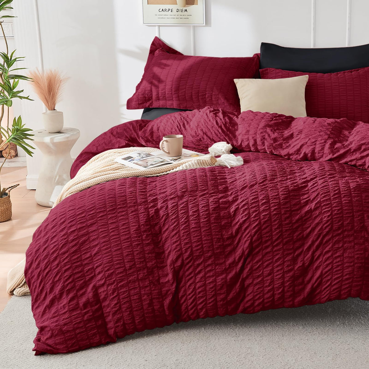 Duvet Cover Queen Size, Seersucker Bedding Set, 3 Pieces, Dark Grey