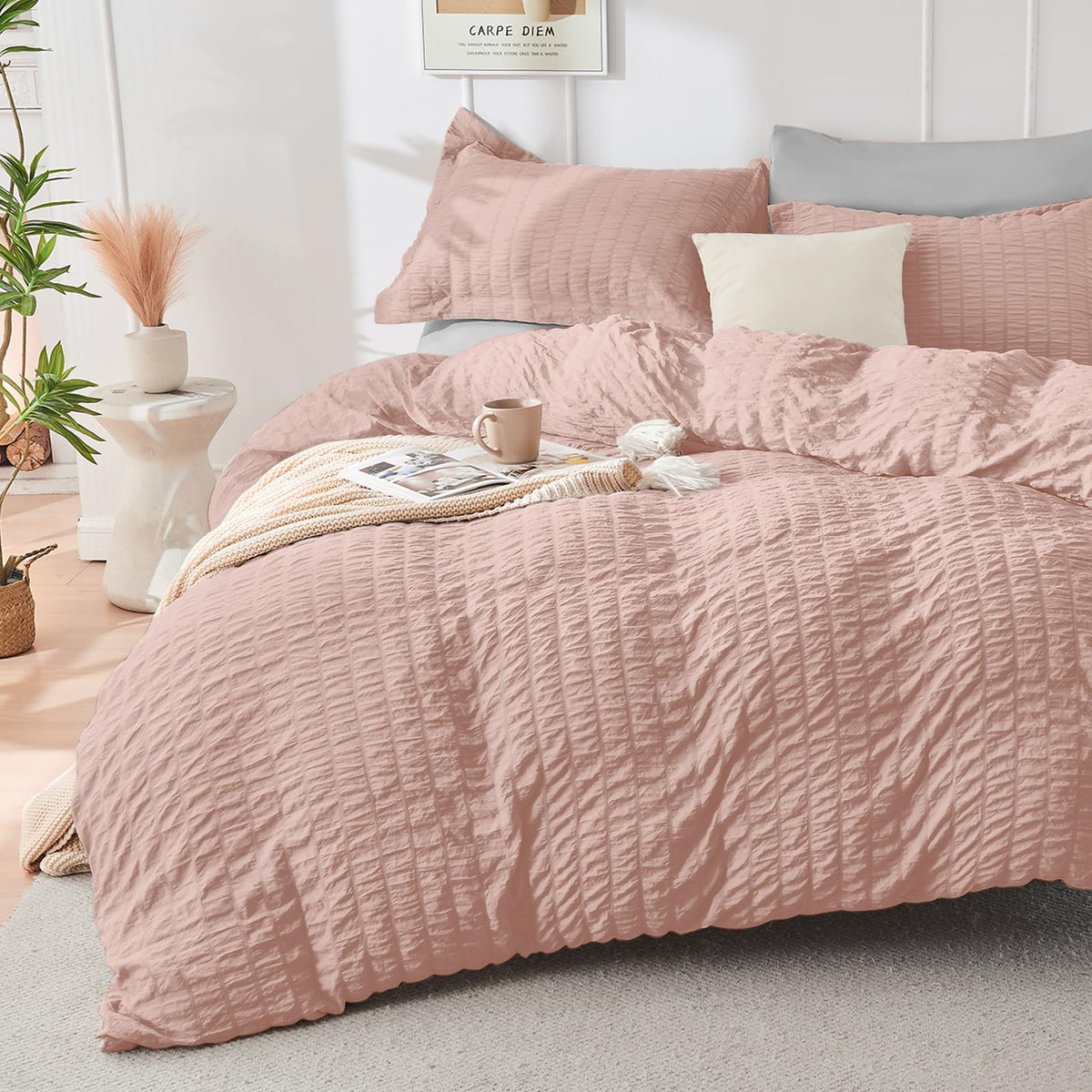 Duvet Cover Queen Size, Seersucker Bedding Set, 3 Pieces, Dark Grey
