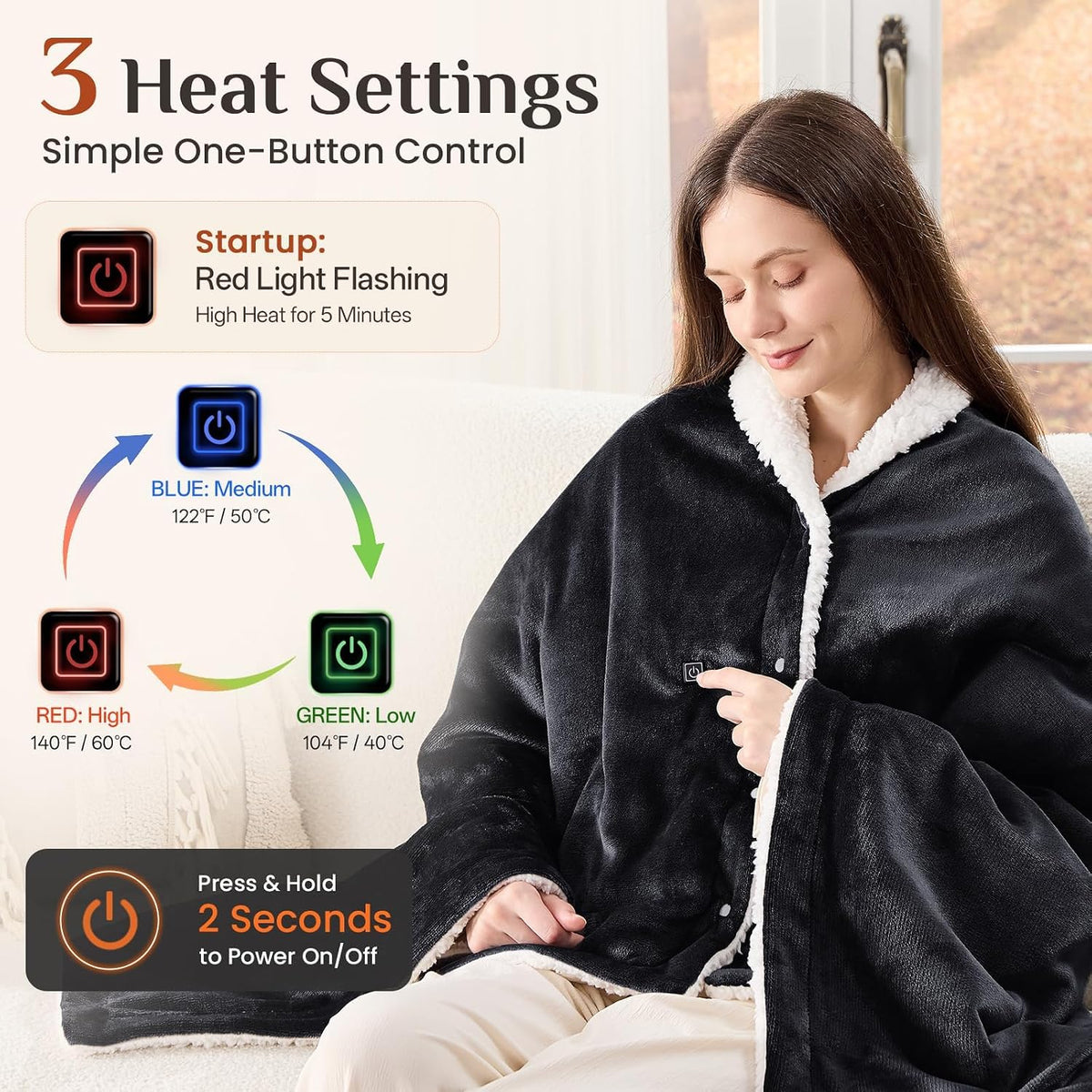 JOLLYVOGUE USB Heated Wearable Blanket with Snaps, 35 x 63 Inch, Black
