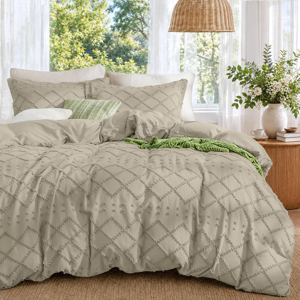 Boho Duvet Cover Set Queen Size, Tufted Embroidery Bedding, 3 PCS, Beige