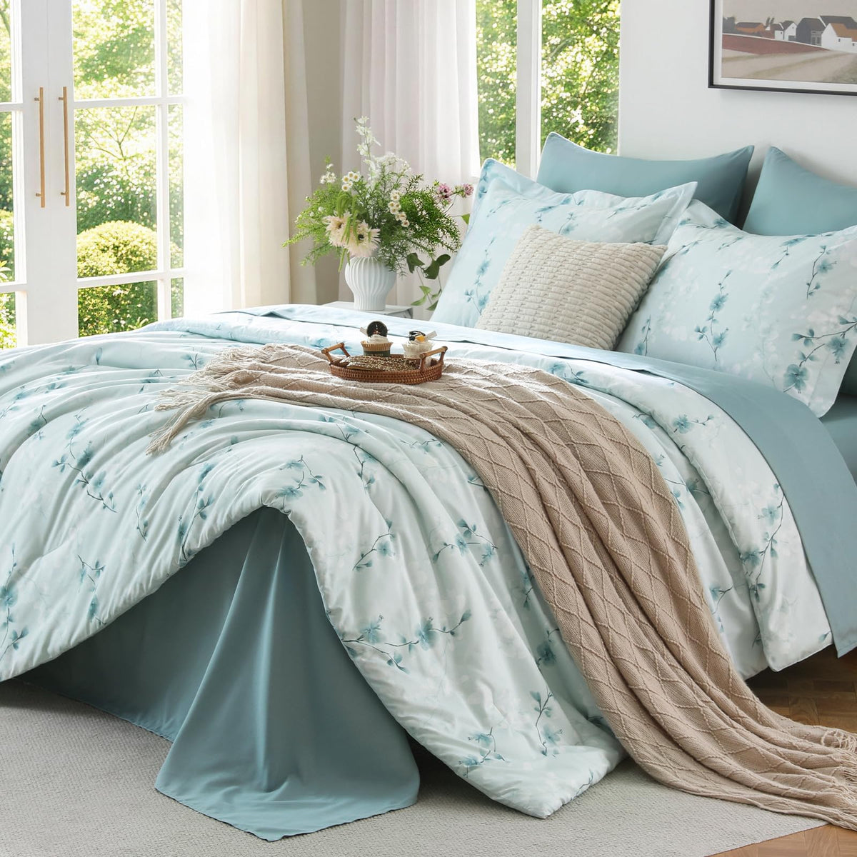 MUXHOMO Twin XL Comforter Set, 7-Piece Floral Bed in a Bag, Sage Green
