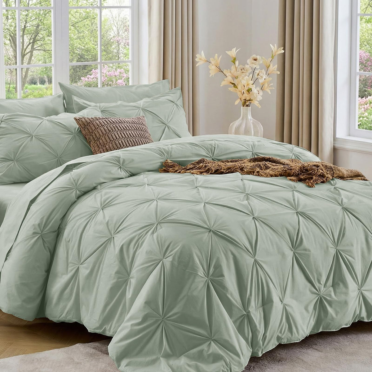 Sasttie Twin Comforter Set, 5-Piece Bed in a Bag, Pintuck Bedding Sets for All Season, Includes Comforter, Flat Sheet, Fitted Sheet, Pillowcase and Pillowsham, Baby Pink