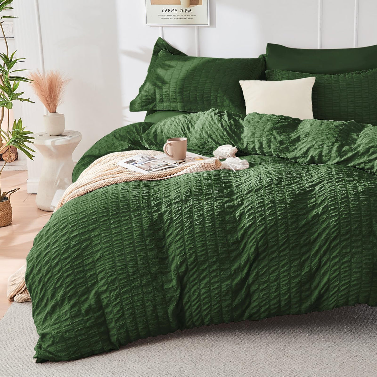 Duvet Cover Queen Size, Seersucker Bedding Set, 3 Pieces, Dark Grey