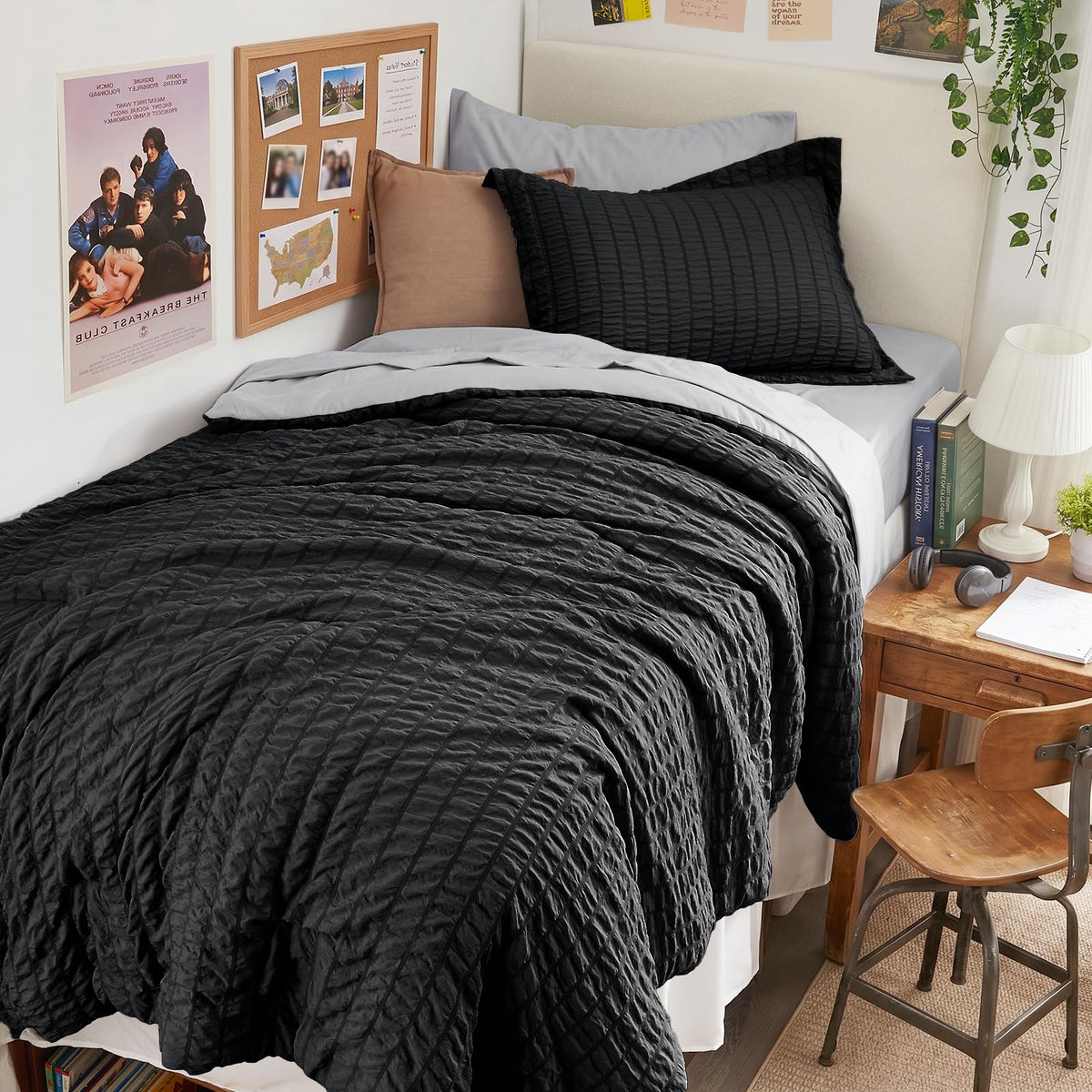 HYMOKEGE Full Size Comforter Sets Seersucker 7 Pieces, All Season Luxury Bed in a Bag for Bedroom, Bedding Set with Comforters, Sheets, Pillowcases & Shams, Dark Grey