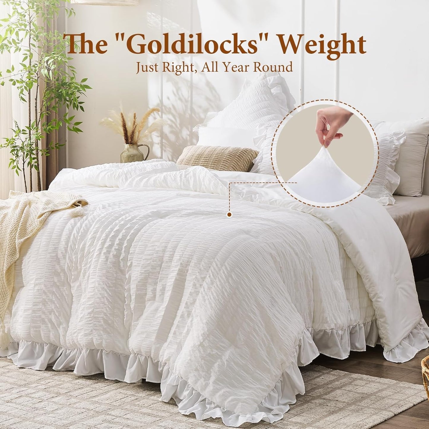 JOLLYVOGUE White Twin Size Comforter Set, 2 Pieces Seersucker Lightweight Fluffy Bedding Set, Twin Ruffle Comforter, All Season Soft Microfiber Shabby Chic Bed Set